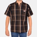 Short Sleeve Plaid 1/2 Zip Shirt - Brown